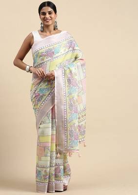 pink Kantha work Digital Print Zari Cotton linen Saree 1