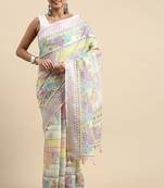pink Kantha work Digital Print Zari Cotton linen Saree