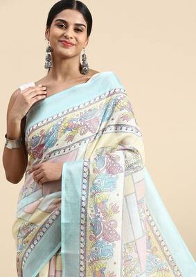 sky blue Kantha work Digital Print Zari Cotton linen Saree 3