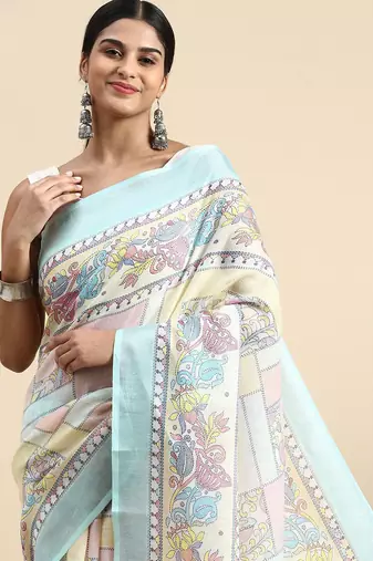  sky blue Kantha work Digital Print Zari Cotton linen Saree