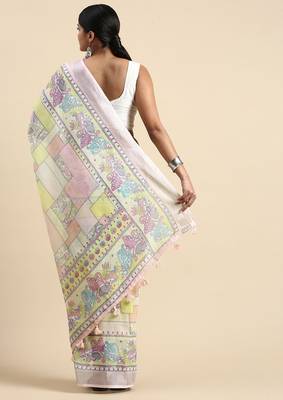 pink Kantha work Digital Print Zari Cotton linen Saree 2