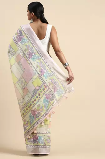 pink Kantha work Digital Print Zari Cotton linen Saree