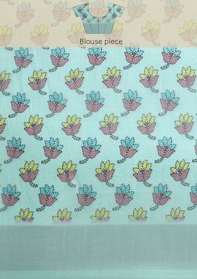  sky blue Kantha work Digital Print Zari Cotton linen Saree 4