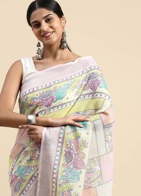 pink Kantha work Digital Print Zari Cotton linen Saree 3