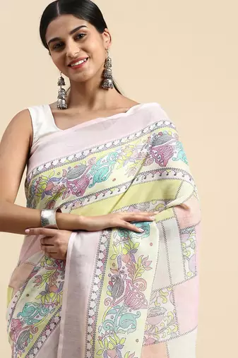 pink Kantha work Digital Print Zari Cotton linen Saree