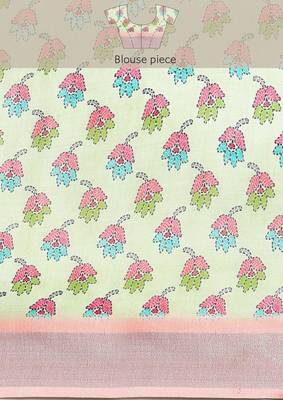pink Kantha work Digital Print Zari Cotton linen Saree 4