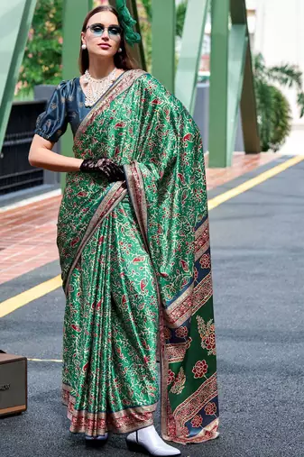 teal Ajarakh Print Assami Silk Saree With Unstitched Blouse