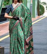 teal Ajarakh Print Assami Silk Saree With Unstitched Blouse