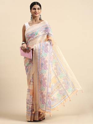 peach Kantha work Digital Print Zari Cotton linen Saree 1