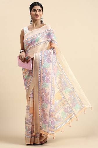 peach Kantha work Digital Print Zari Cotton linen Saree