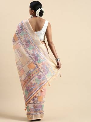 peach Kantha work Digital Print Zari Cotton linen Saree 2