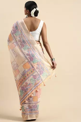 peach Kantha work Digital Print Zari Cotton linen Saree