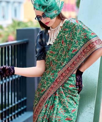 teal Ajarakh Print Assami Silk Saree With Unstitched Blouse 2