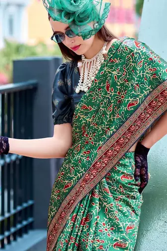 teal Ajarakh Print Assami Silk Saree With Unstitched Blouse