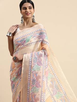 peach Kantha work Digital Print Zari Cotton linen Saree 3