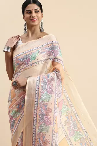 peach Kantha work Digital Print Zari Cotton linen Saree