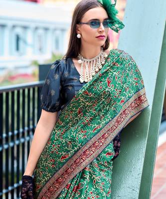 teal Ajarakh Print Assami Silk Saree With Unstitched Blouse 3