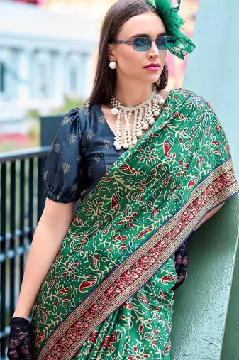 teal Ajarakh Print Assami Silk Saree With Unstitched Blouse