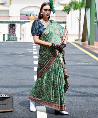 teal Ajarakh Print Assami Silk Saree With Unstitched Blouse 4