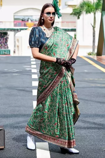 teal Ajarakh Print Assami Silk Saree With Unstitched Blouse