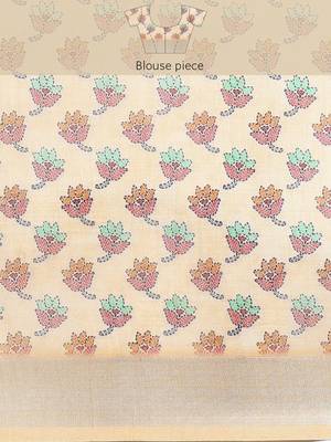 peach Kantha work Digital Print Zari Cotton linen Saree 5