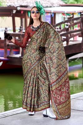 maroon Ajarakh Print Assami Silk Saree With Unstitched Blouse 1