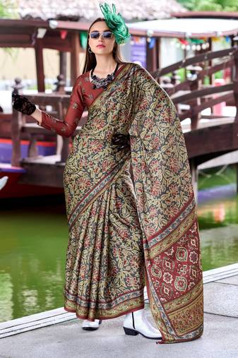 maroon Ajarakh Print Assami Silk Saree With Unstitched Blouse