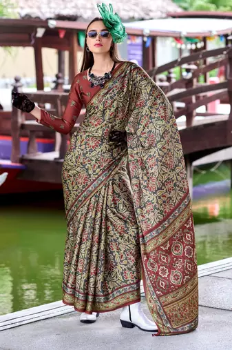 maroon Ajarakh Print Assami Silk Saree With Unstitched Blouse