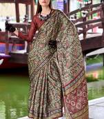 maroon Ajarakh Print Assami Silk Saree With Unstitched Blouse