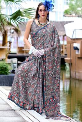 grey Ajarakh Print Assami Silk Saree With Unstitched Blouse 1