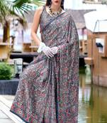 grey Ajarakh Print Assami Silk Saree With Unstitched Blouse