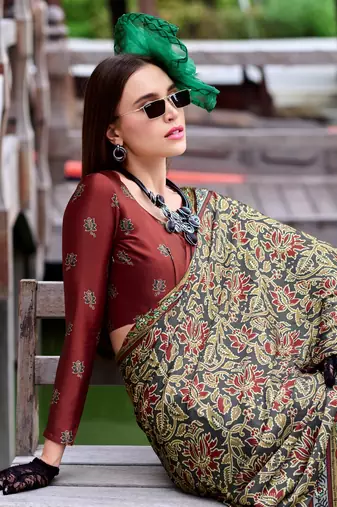 maroon Ajarakh Print Assami Silk Saree With Unstitched Blouse