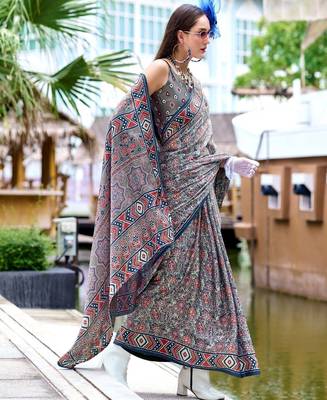 grey Ajarakh Print Assami Silk Saree With Unstitched Blouse 2