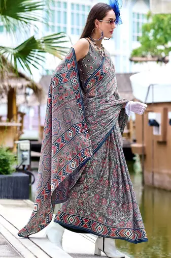 grey Ajarakh Print Assami Silk Saree With Unstitched Blouse