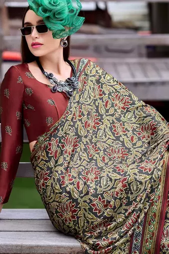maroon Ajarakh Print Assami Silk Saree With Unstitched Blouse