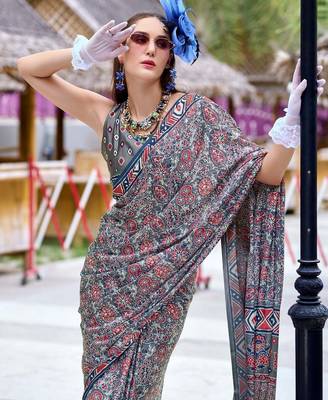 grey Ajarakh Print Assami Silk Saree With Unstitched Blouse 3