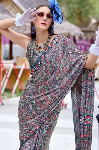 grey Ajarakh Print Assami Silk Saree With Unstitched Blouse