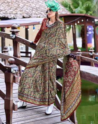 maroon Ajarakh Print Assami Silk Saree With Unstitched Blouse 4