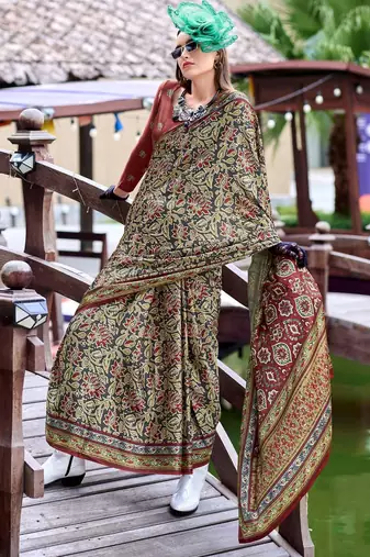 maroon Ajarakh Print Assami Silk Saree With Unstitched Blouse