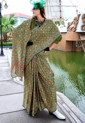 mehendi Ajarakh Print Assami Silk Saree With Unstitched Blouse 1