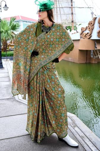 mehendi Ajarakh Print Assami Silk Saree With Unstitched Blouse