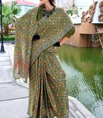 mehendi Ajarakh Print Assami Silk Saree With Unstitched Blouse