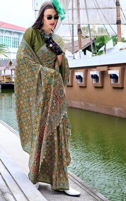 mehendi Ajarakh Print Assami Silk Saree With Unstitched Blouse 2