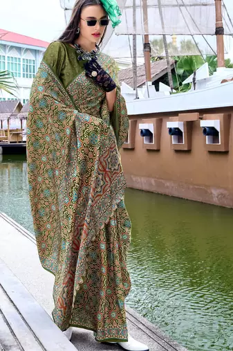 mehendi Ajarakh Print Assami Silk Saree With Unstitched Blouse