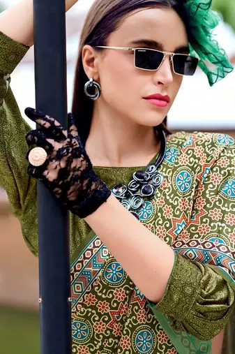 mehendi Ajarakh Print Assami Silk Saree With Unstitched Blouse