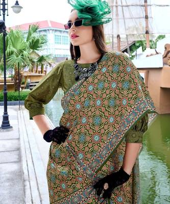 mehendi Ajarakh Print Assami Silk Saree With Unstitched Blouse 4