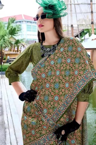mehendi Ajarakh Print Assami Silk Saree With Unstitched Blouse