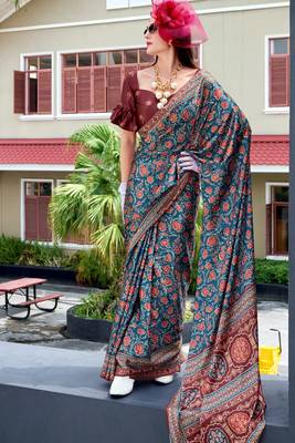 maroon Ajarakh Print Assami Silk Saree With Unstitched Blouse 1