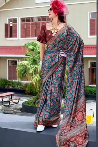 maroon Ajarakh Print Assami Silk Saree With Unstitched Blouse