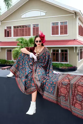 maroon Ajarakh Print Assami Silk Saree With Unstitched Blouse